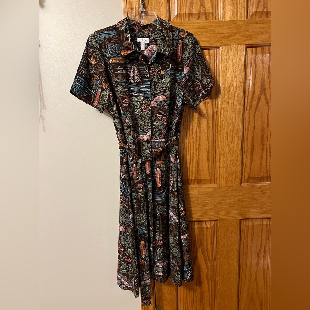 Denim & Co., d.&co., brown, tropical midi dress, large L